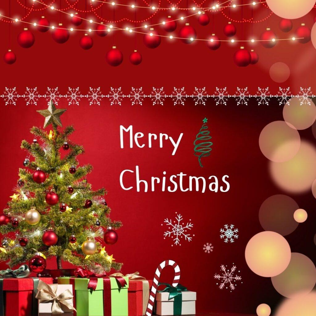 Beautiful red Merry Christmas image with tree and decorative balls and gifts