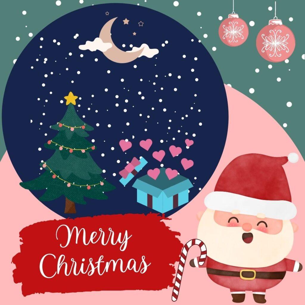 Beautiful Blue Merry Christmas image with tree and gifts and santa