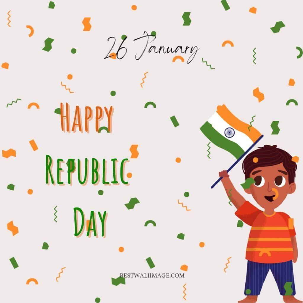 26th January, Happy Republic day with little boy hold india flag.