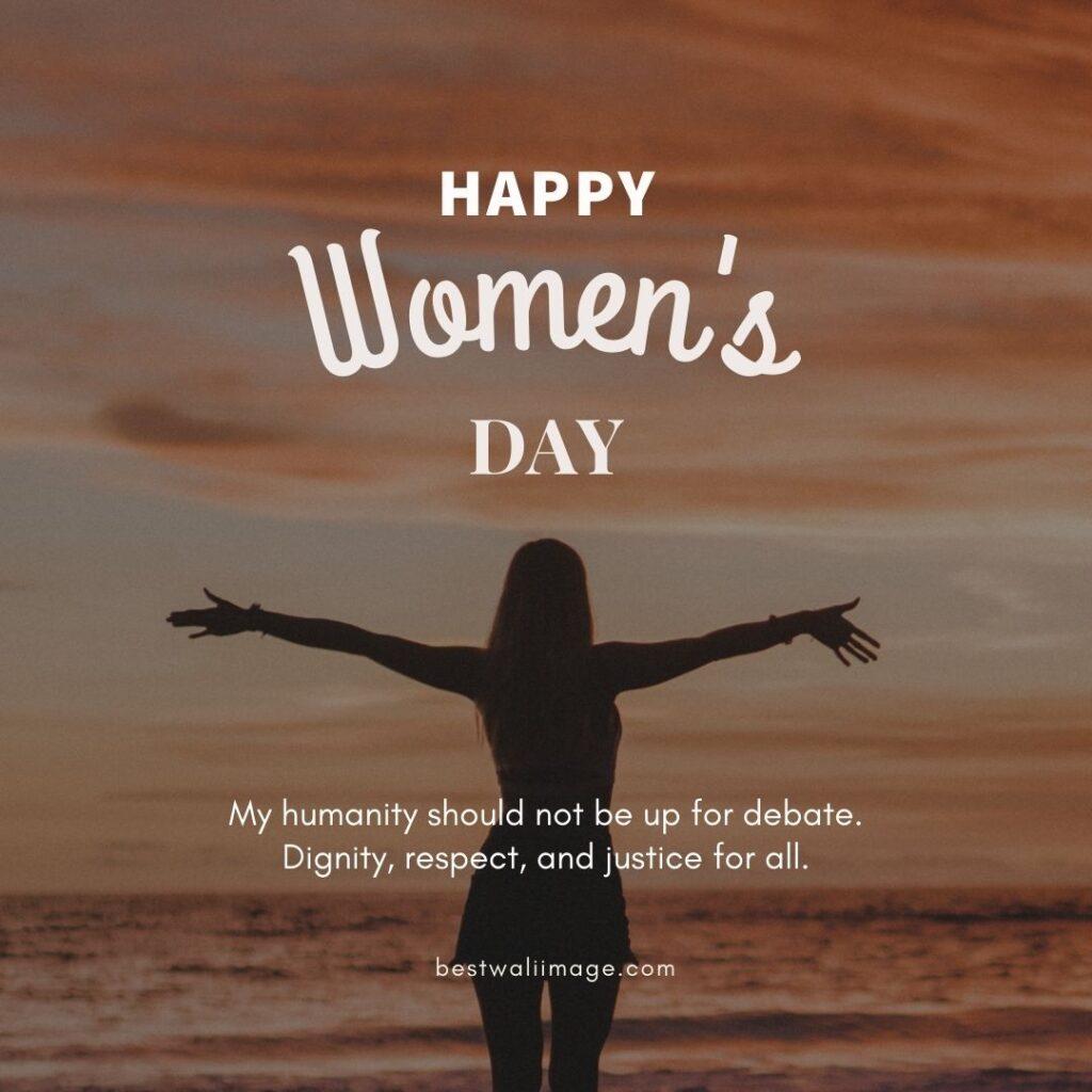 Image of a woman raising her hand with Happy Women's Day