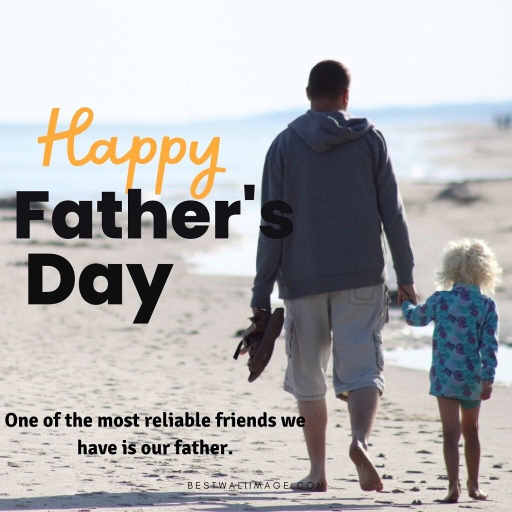 Happy Father's Day Little girl holding her father's hand while walking on the beach.