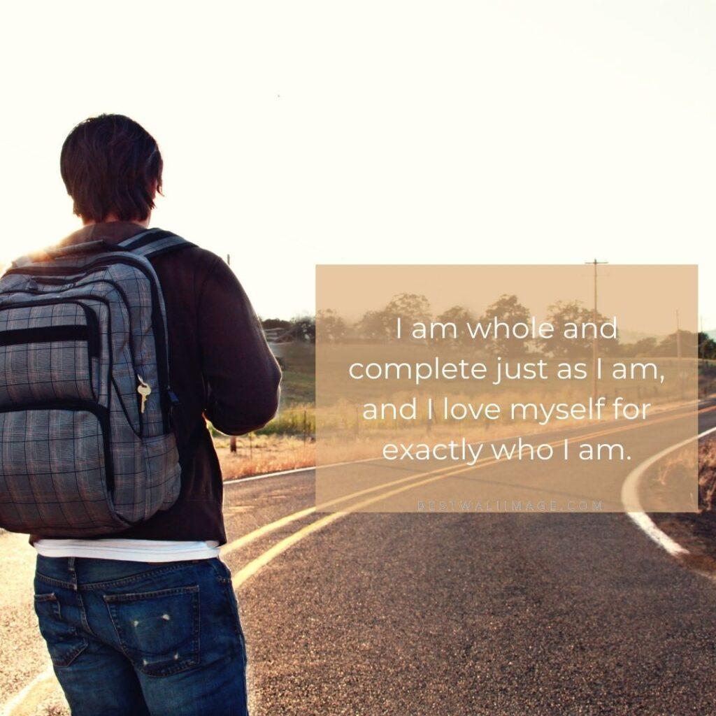 A boy walking on a road with a bag hanging and a self love quote Image written on it